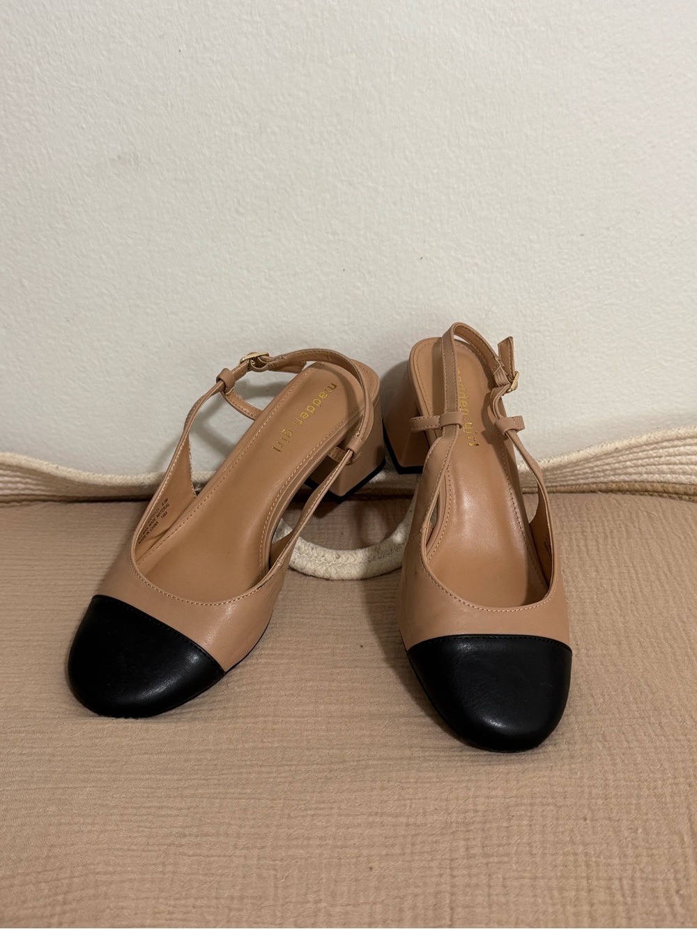 Madden Girl Tan and Black Cap-Toe  heels Slingback Pumps